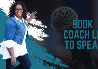 A woman standing next to a microphone with the words " book coach to sing ".