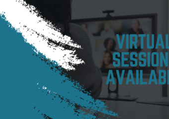 A person standing in front of a tv with the words virtual session available.